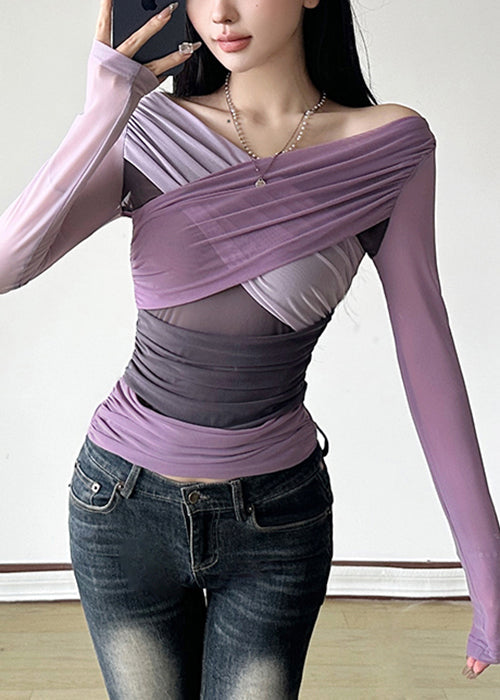 Slim Fit Purple Asymmetrical Patchwork Tulle T Shirts Spring