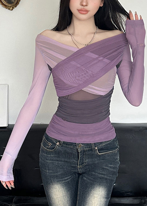 Slim Fit Purple Asymmetrical Patchwork Tulle T Shirts Spring