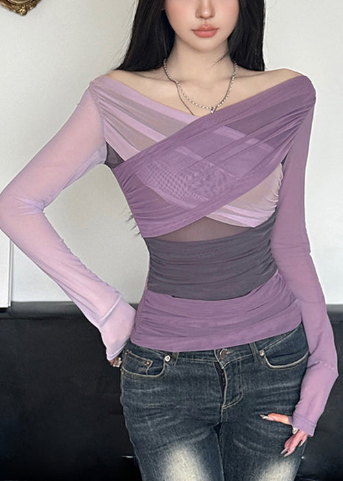 Slim Fit Purple Asymmetrical Patchwork Tulle T Shirts Spring