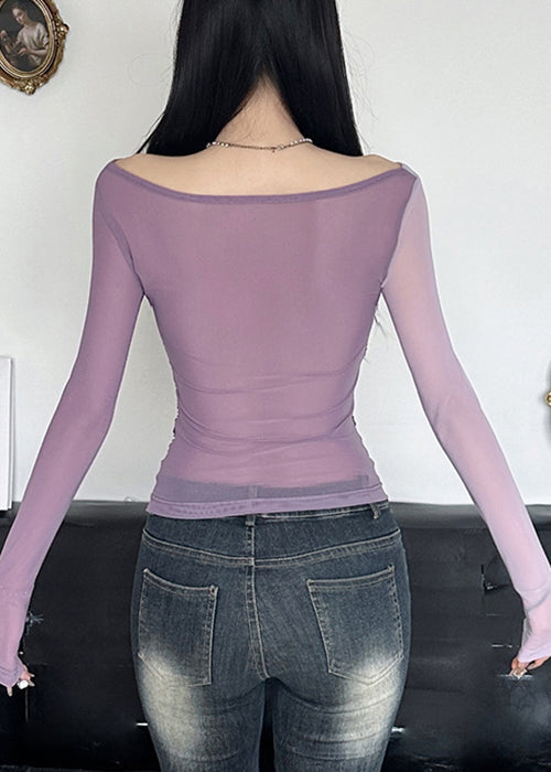 Slim Fit Purple Asymmetrical Patchwork Tulle T Shirts Spring