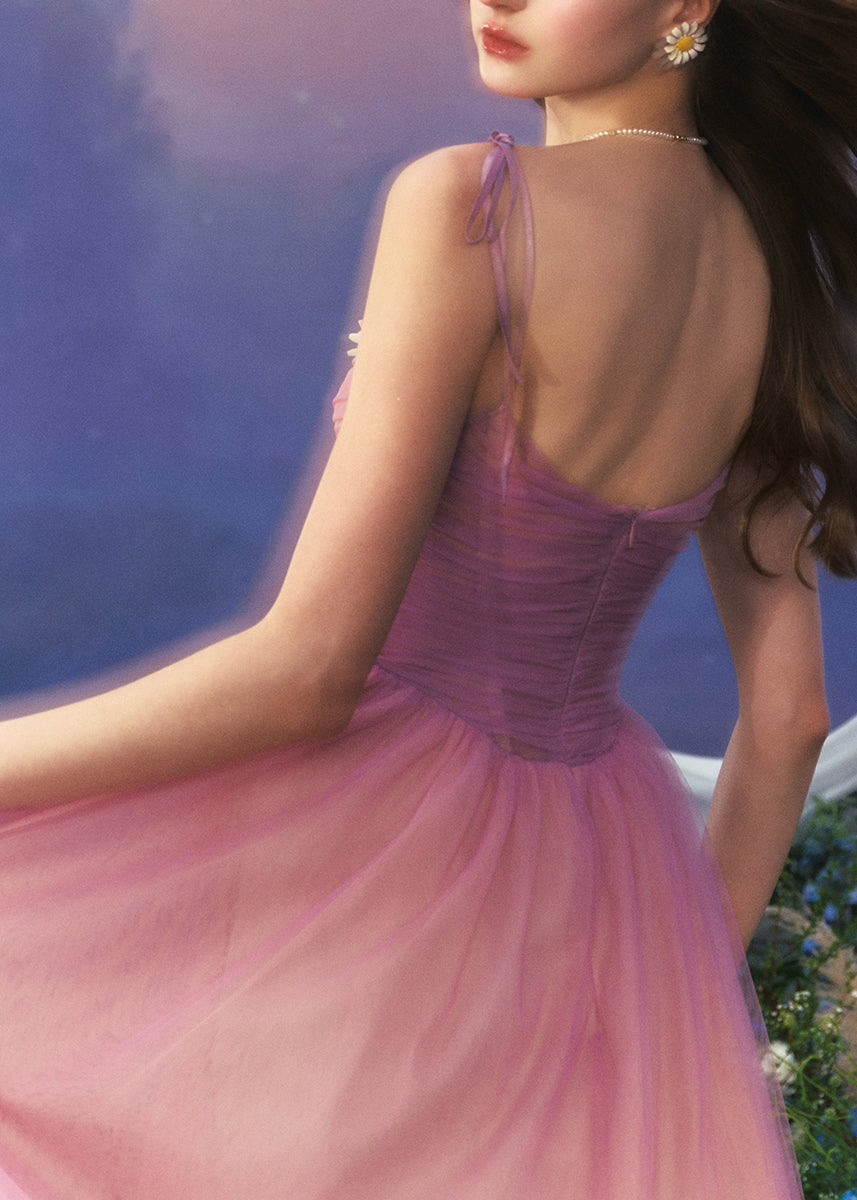 Slim Fit Purple Backless High Waist Tulle Spaghetti Strap Dress Sleeveless