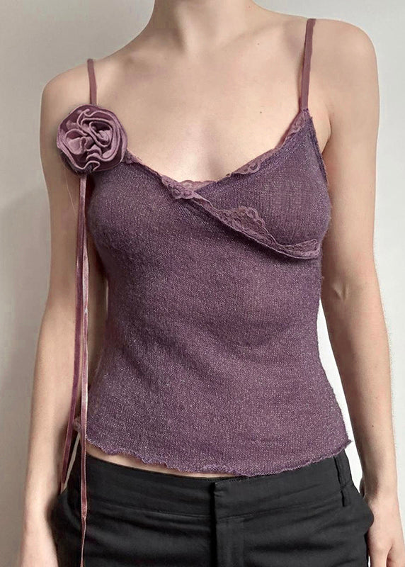 Slim Fit Purple Floral Lace Knitting Cotton Spaghetti Strap Vest Sleeveless