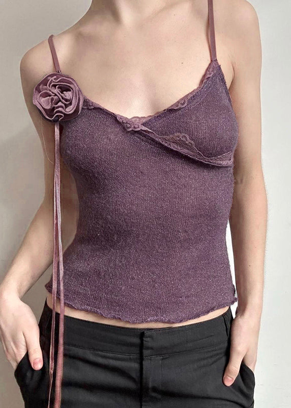 Slim Fit Purple Floral Lace Knitting Cotton Spaghetti Strap Vest Sleeveless