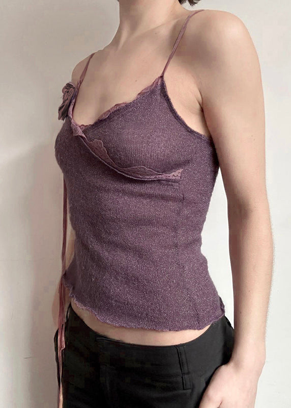 Slim Fit Purple Floral Lace Knitting Cotton Spaghetti Strap Vest Sleeveless