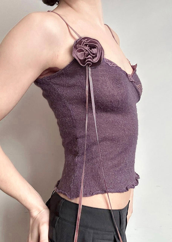 Slim Fit Purple Floral Lace Knitting Cotton Spaghetti Strap Vest Sleeveless