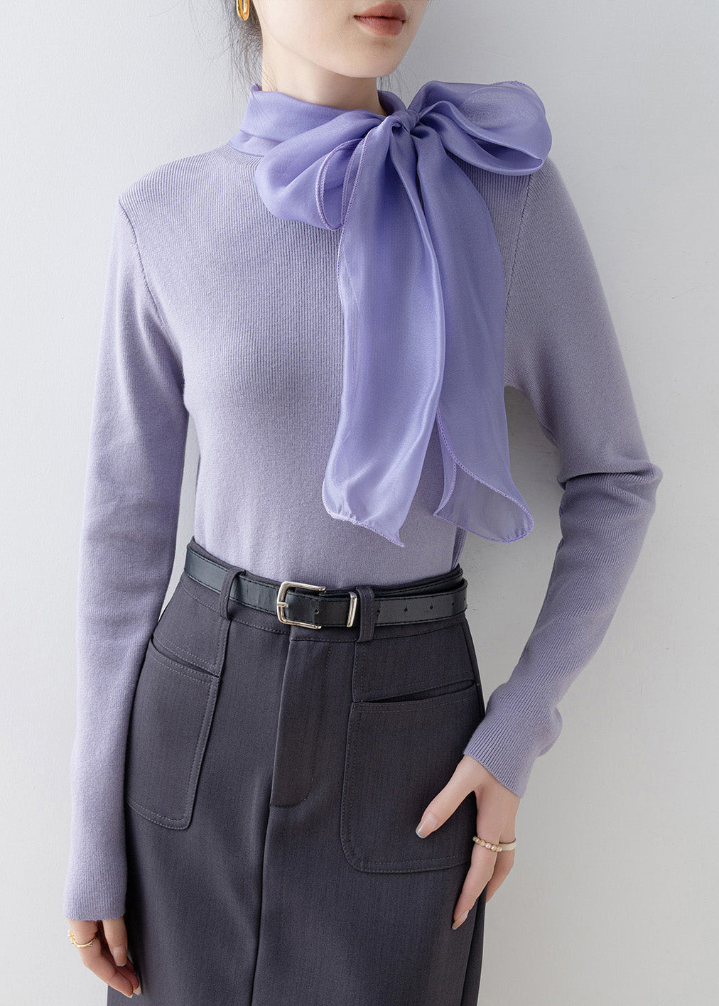 Slim Fit Purple Hign Neck Bow Knit Sweaters Spring