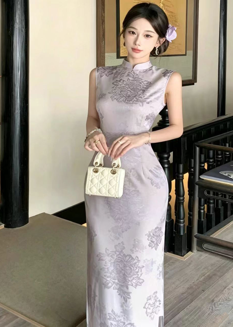 Slim Fit Purple Mandarin Collar Side Open Dress Sleeveless