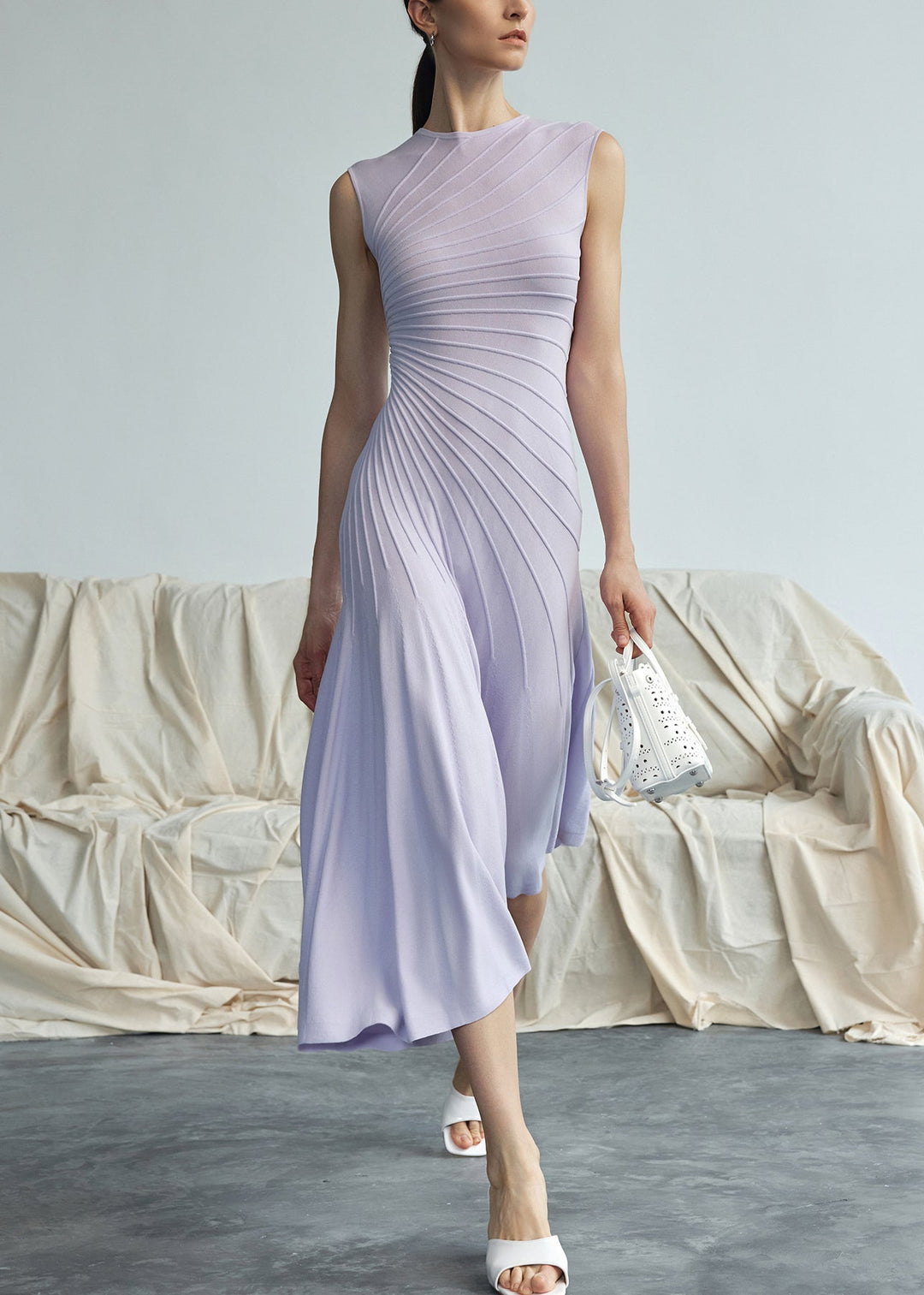 Slim Fit Purple O Neck High Waist Cotton Long Dresses Summer