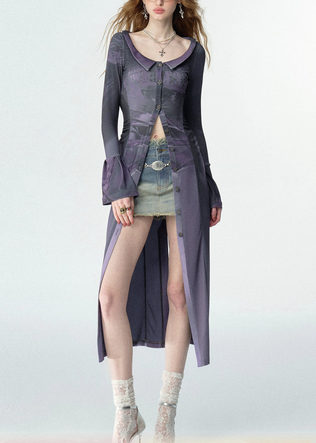 Slim Fit Purple Peter Pan Collar Print Button Maxi Shirts Fall