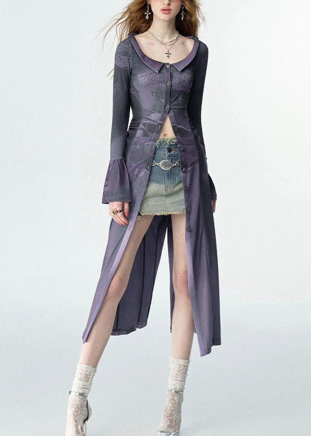 Slim Fit Purple Peter Pan Collar Print Button Maxi Shirts Fall