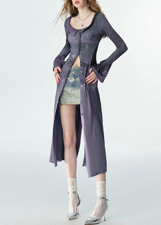 Slim Fit Purple Peter Pan Collar Print Button Maxi Shirts Fall