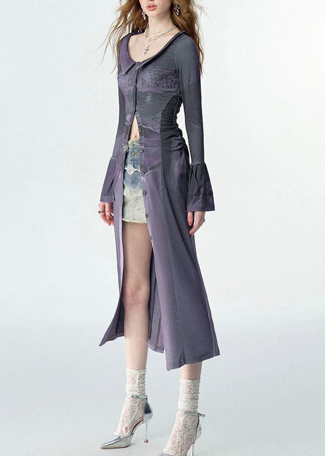 Slim Fit Purple Peter Pan Collar Print Button Maxi Shirts Fall