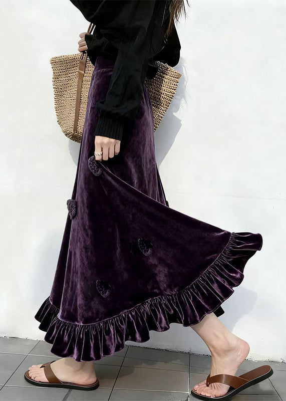 Slim Fit Purple Ruffled Floral High Waist Silk Velvet Skirt Winter