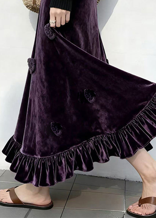Slim Fit Purple Ruffled Floral High Waist Silk Velvet Skirt Winter