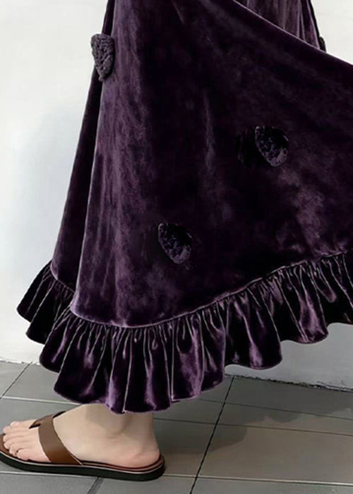 Slim Fit Purple Ruffled Floral High Waist Silk Velvet Skirt Winter