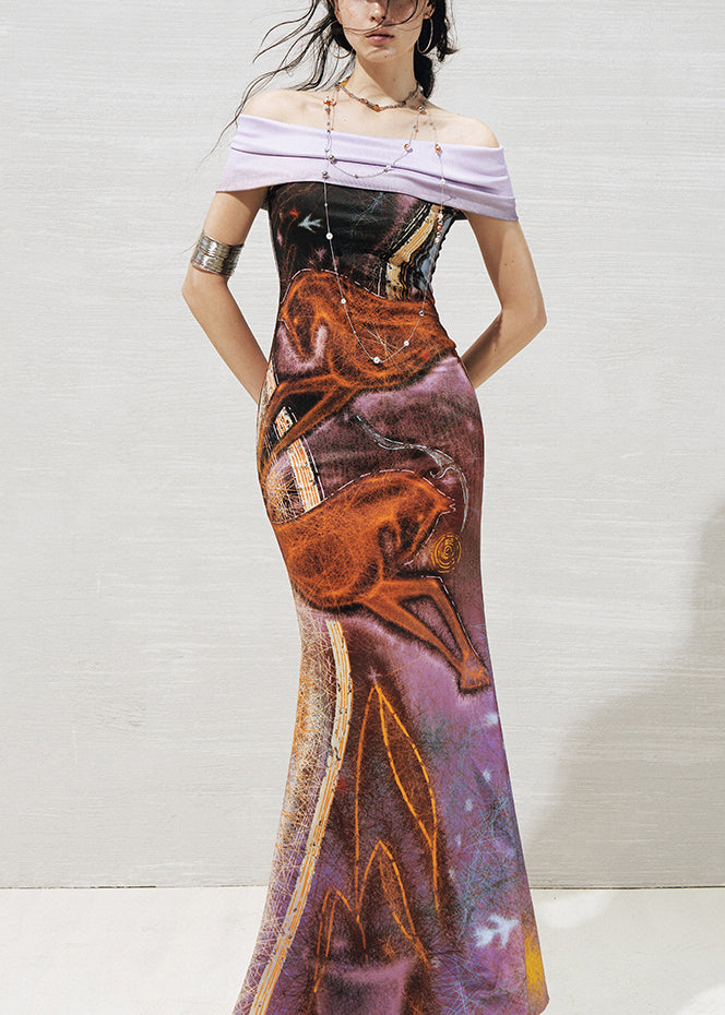 Slim Fit Purple Slash Neck Knit Patchwork Maxi Dresses Summer