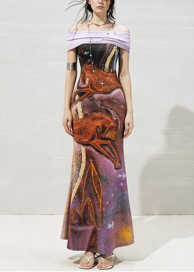 Slim Fit Purple Slash Neck Knit Patchwork Maxi Dresses Summer