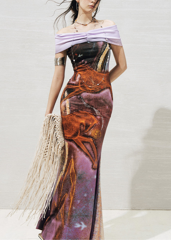 Slim Fit Purple Slash Neck Knit Patchwork Maxi Dresses Summer