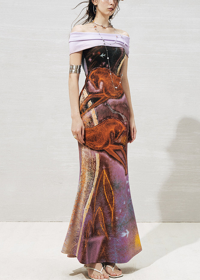 Slim Fit Purple Slash Neck Knit Patchwork Maxi Dresses Summer