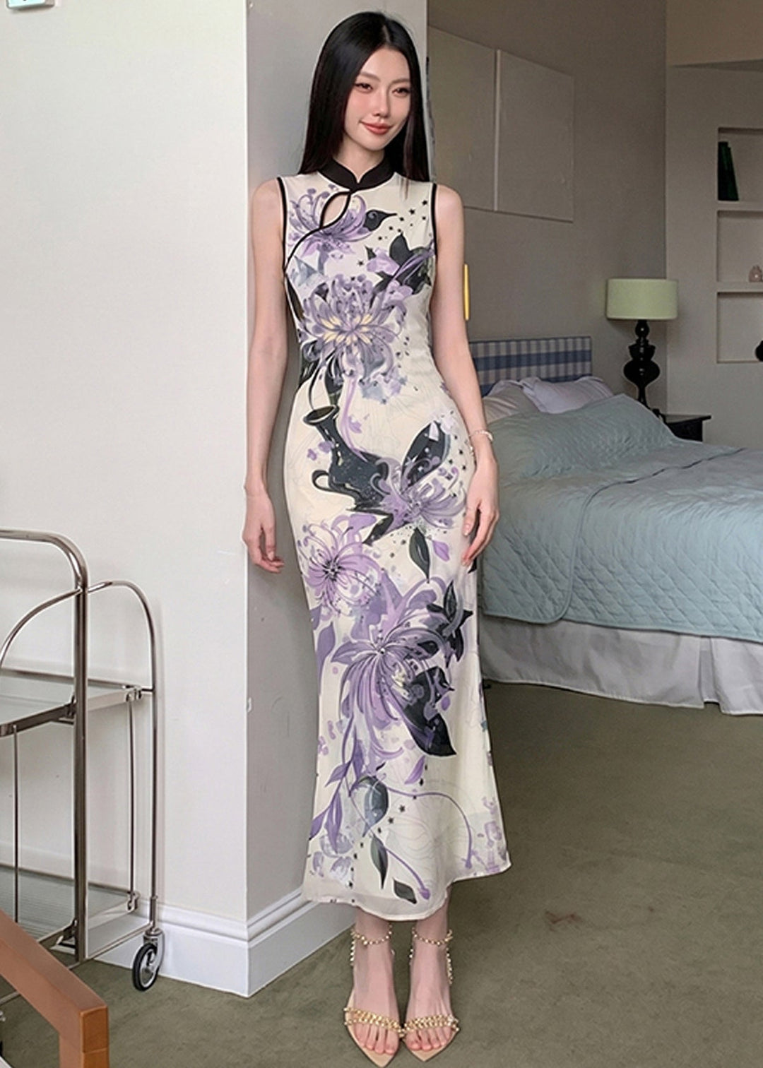 Slim Fit Purple Stand Collar Patchwork Maxi Dresses Sleeveless