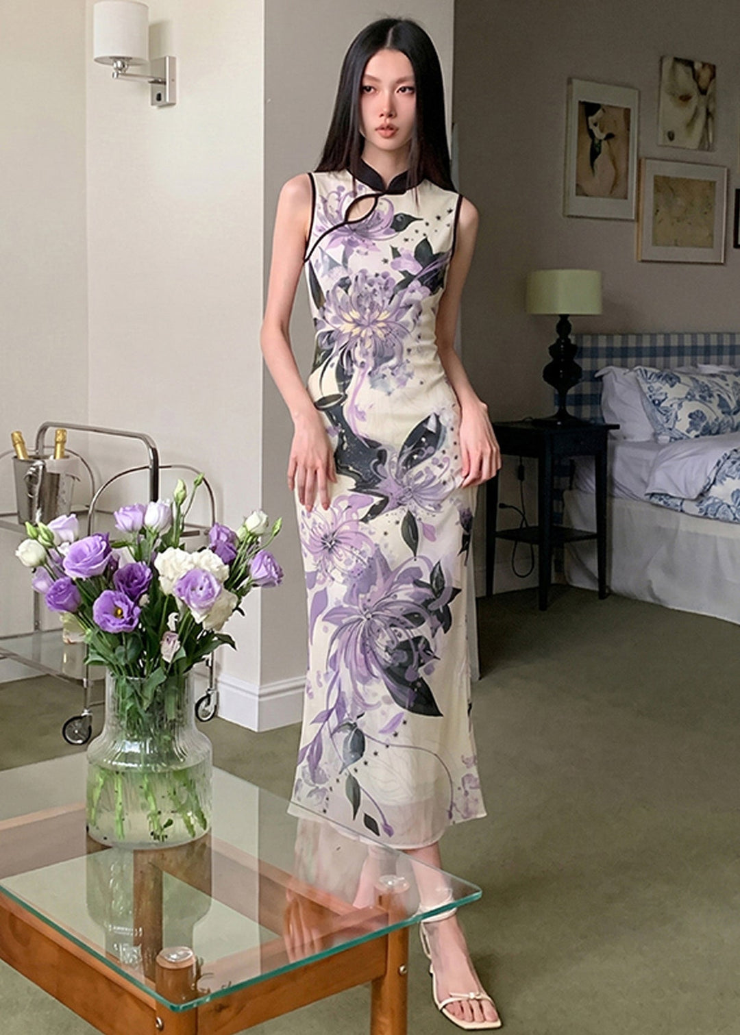Slim Fit Purple Stand Collar Patchwork Maxi Dresses Sleeveless