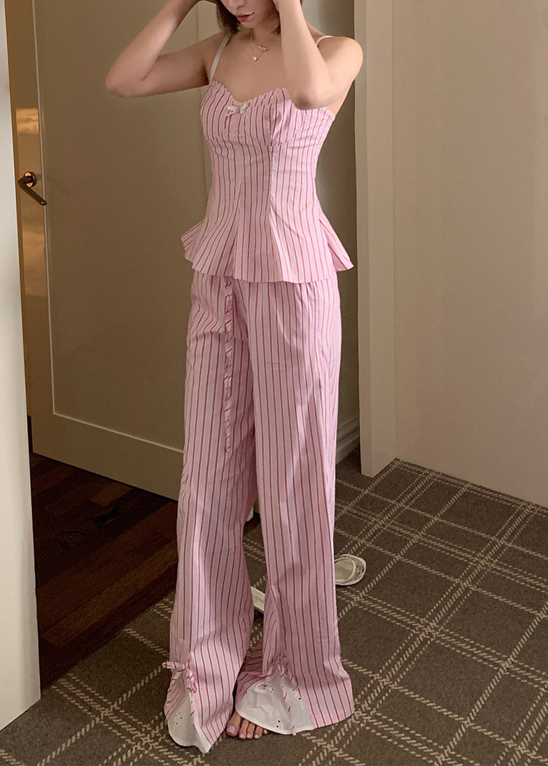 Slim Fit Purple Striped Spaghetti Strap Tank And Pants Cotton Two Pieces Set Sleeveless