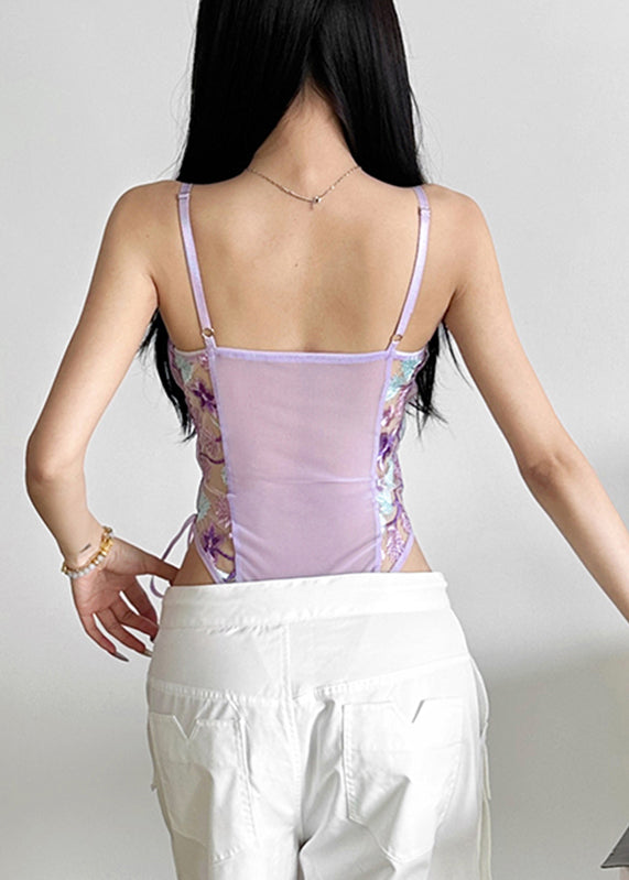Slim Fit Purple Tie Waist Sheer Lace Bodysuits