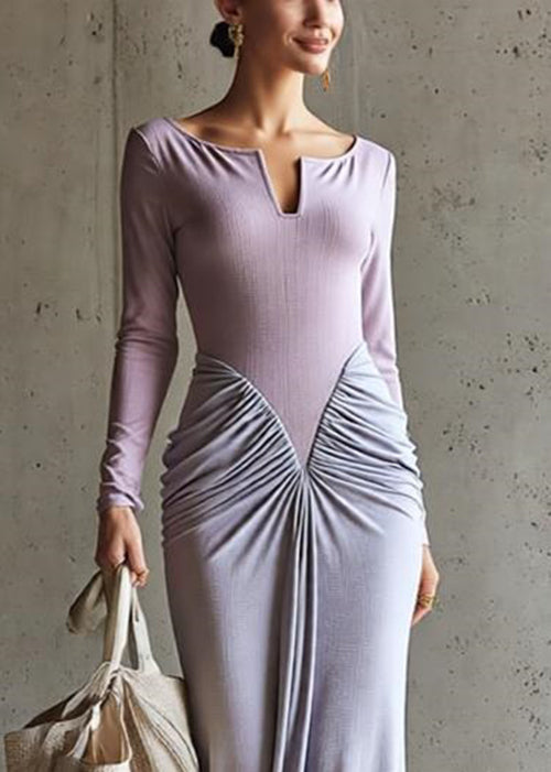 Slim Fit Purple Wrinkled Patchwork Cotton Maxi Dresses Spring