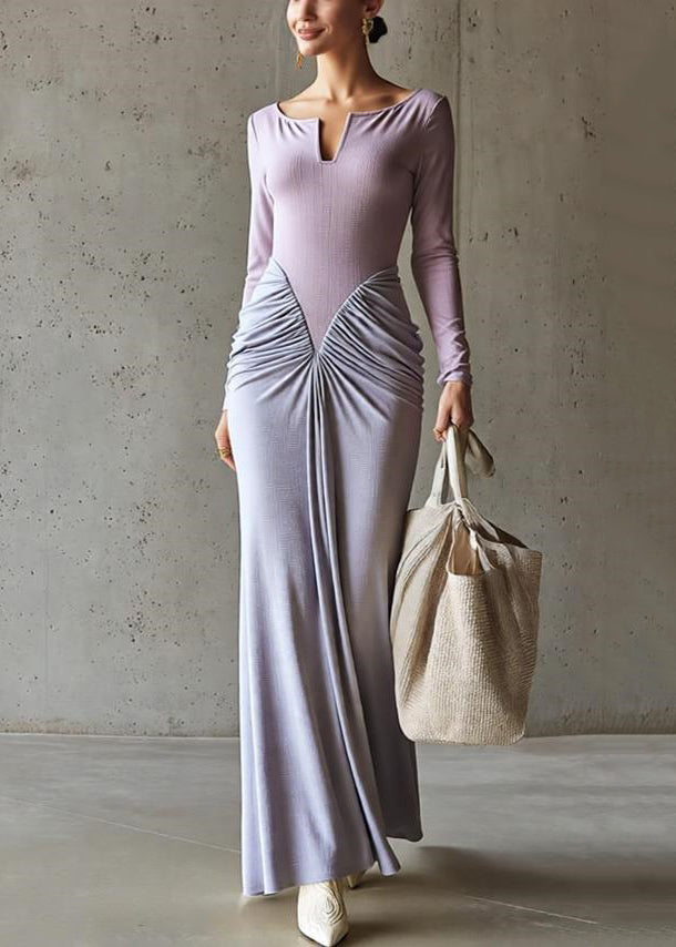 Slim Fit Purple Wrinkled Patchwork Cotton Maxi Dresses Spring