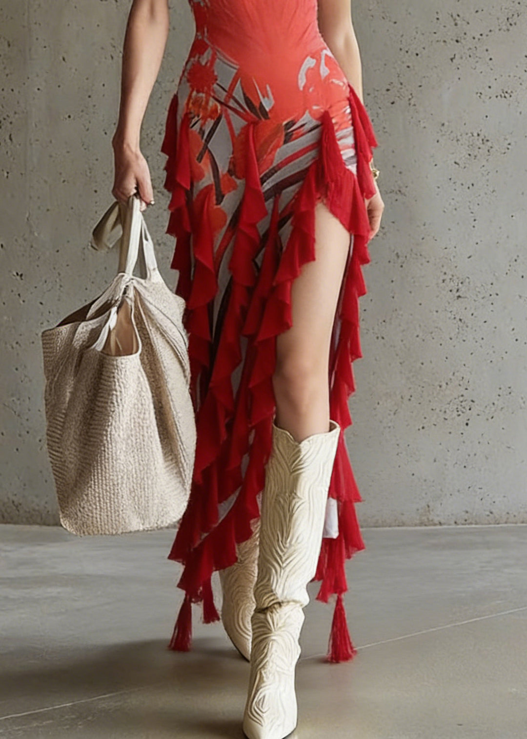 Slim Fit Red Asymmetrical Print Side Open Long Dress Sleeveless