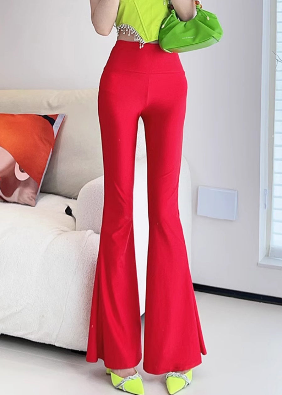 Slim Fit Red High Waist Solid Nylon Flare Leggings