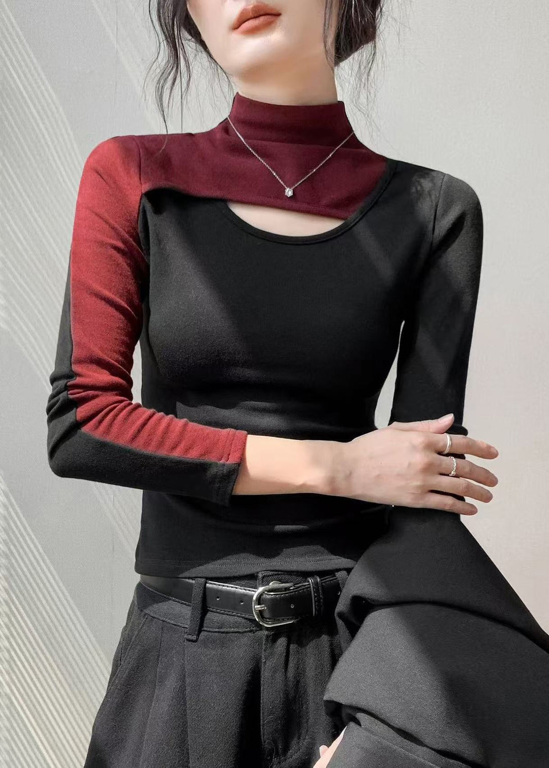 Slim Fit Red Hign Neck Hollow Out Patchwork Cotton T Shirt Top Fall