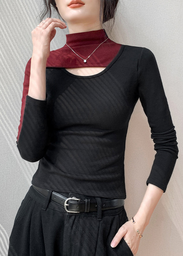 Slim Fit Red Hign Neck Hollow Out Patchwork Cotton T Shirt Top Fall