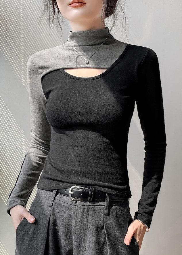 Slim Fit Red Hign Neck Hollow Out Patchwork Cotton T Shirt Top Fall