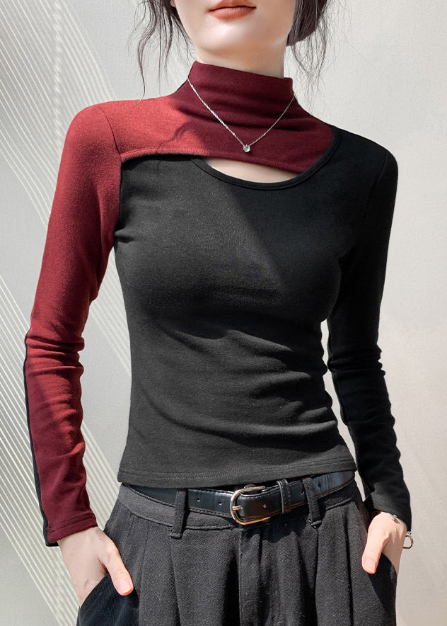 Slim Fit Red Hign Neck Hollow Out Patchwork Cotton T Shirt Top Fall