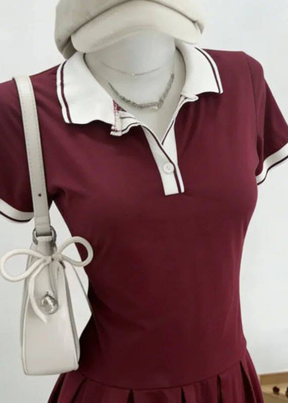 Slim Fit Red Peter Pan Collar Patchwork Mid Dress Short Sleeve