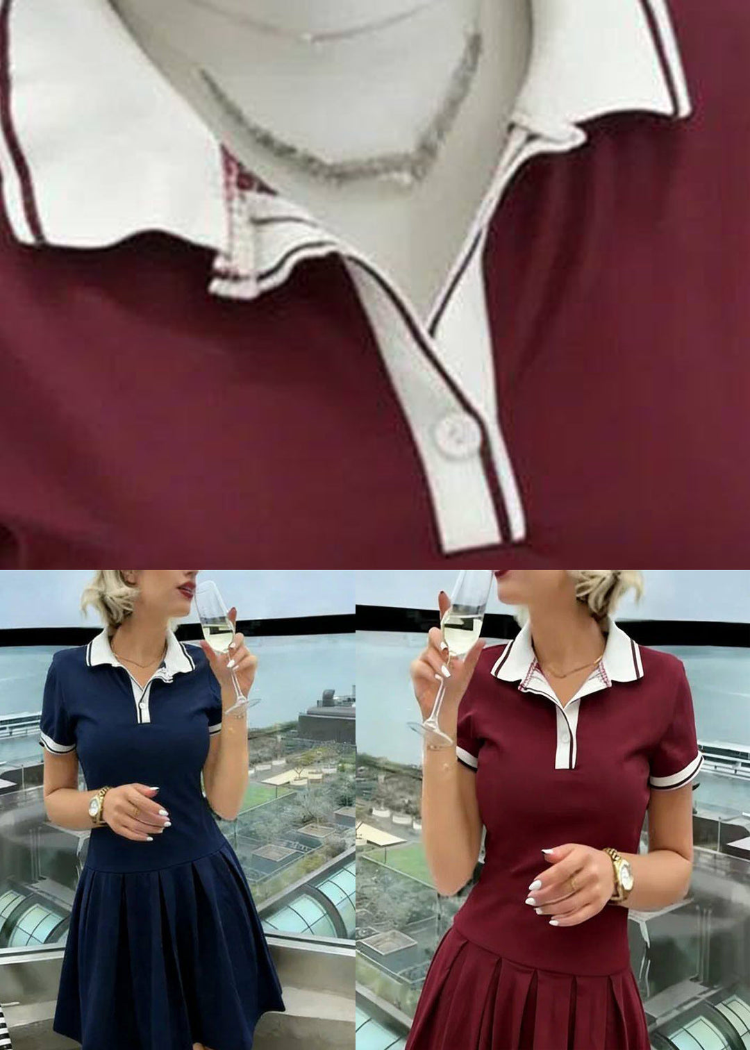 Slim Fit Red Peter Pan Collar Patchwork Mid Dress Short Sleeve