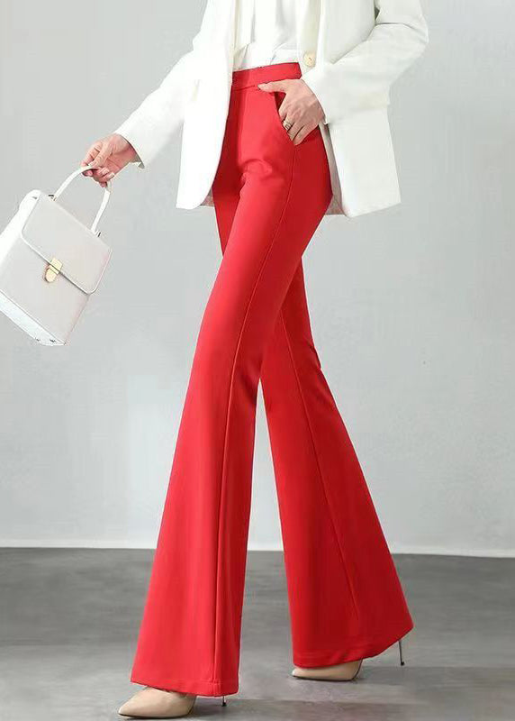Slim Fit Red Pockets Elastic Waist Cotton Flare Bottoms Fall