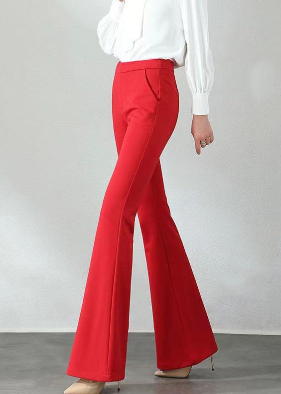 Slim Fit Red Pockets Elastic Waist Cotton Flare Bottoms Fall