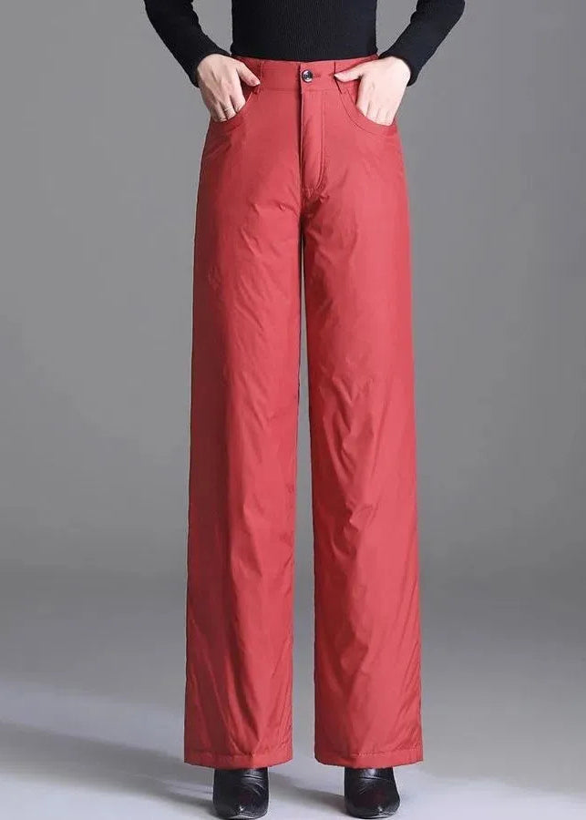 Slim Fit Red Pockets Solid Fine Cotton Filled Straight Pants Winter