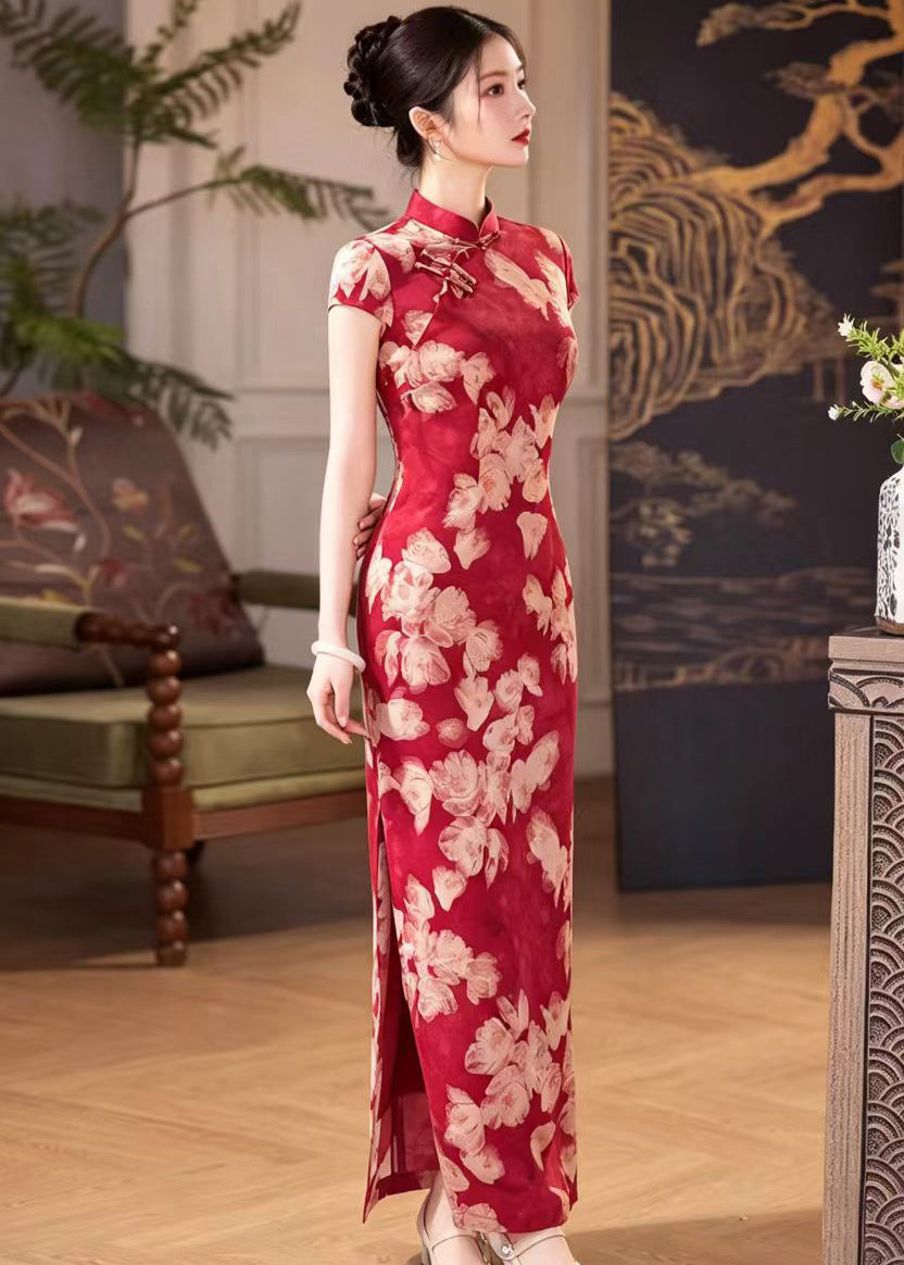 Slim Fit Red Print Mandarin Collar Chinese  Buttons Side Open Dresses Summer