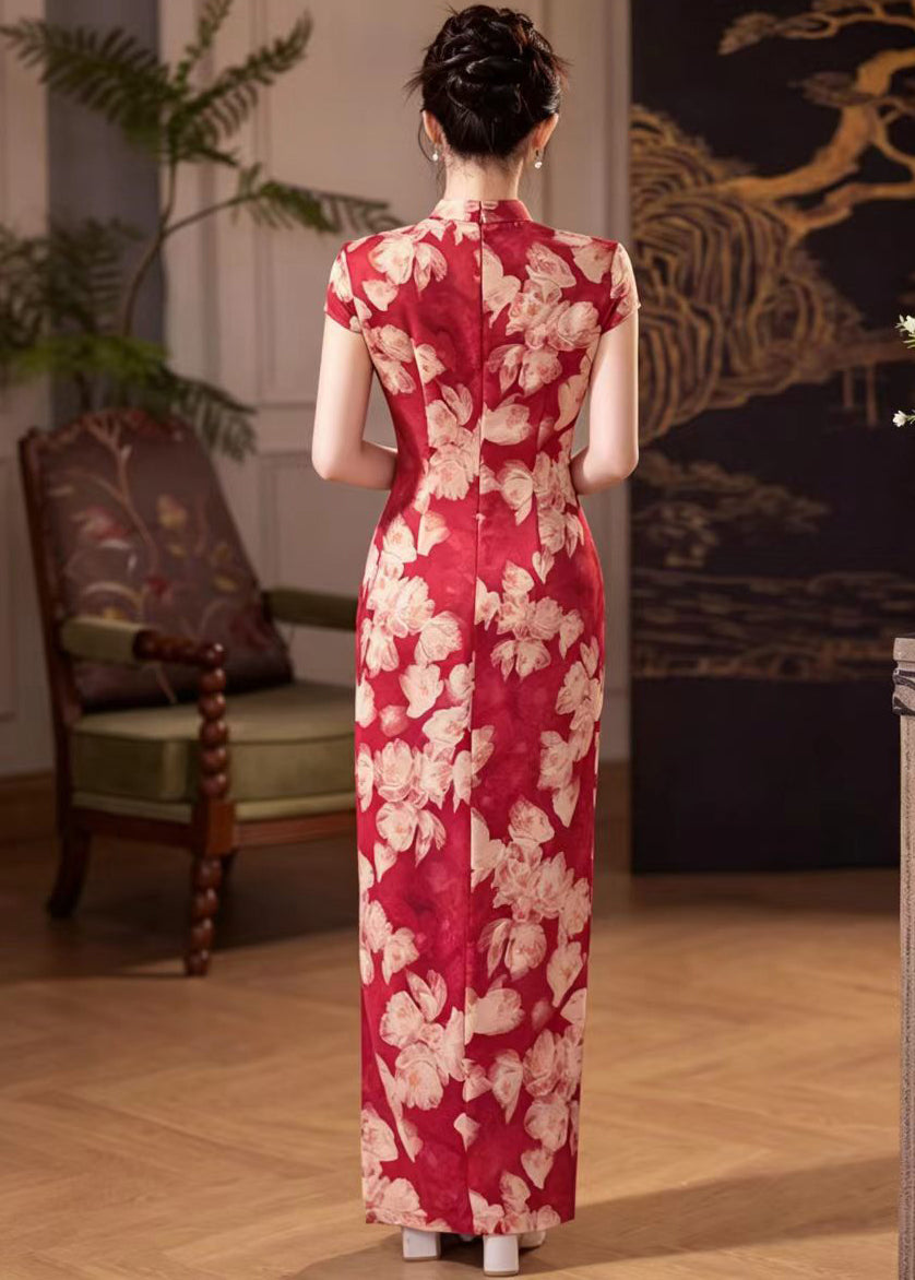 Slim Fit Red Print Mandarin Collar Chinese  Buttons Side Open Dresses Summer