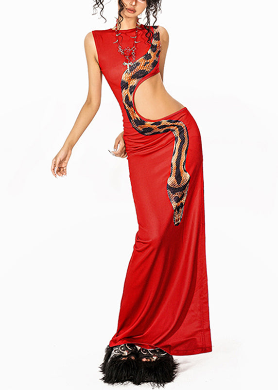 Slim Fit Red Python Print Hollow Out Vacation Maxi Dresses Summer