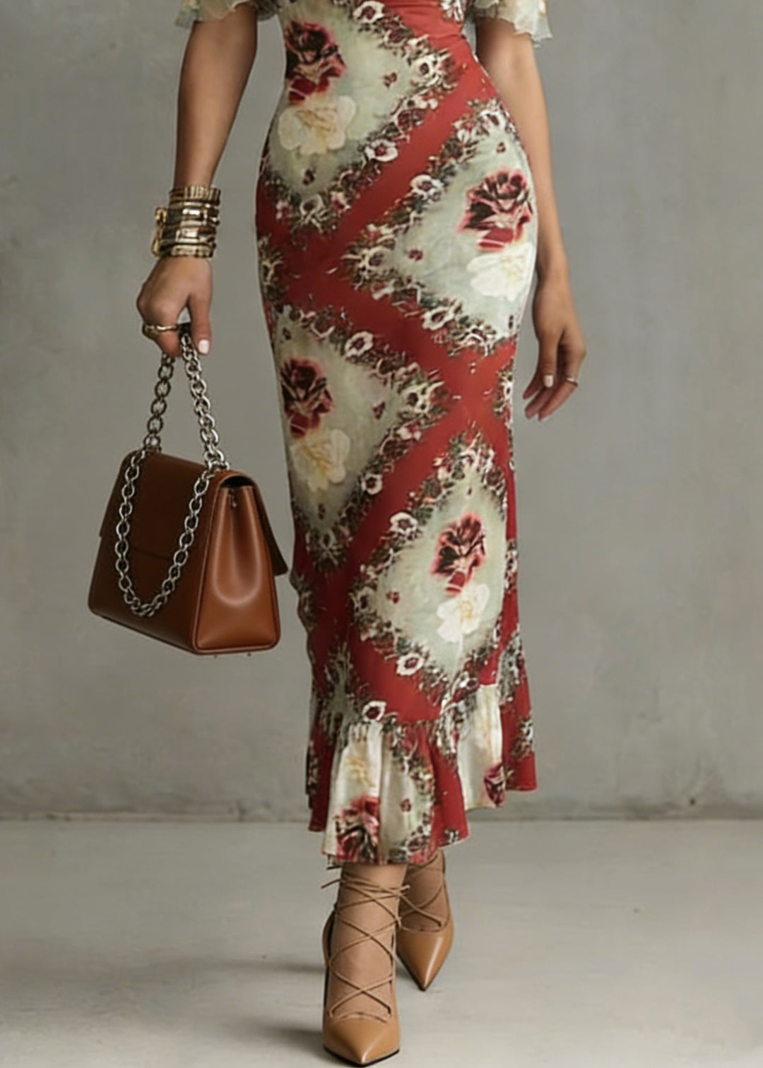 Slim Fit Red Slash Neck Print Ruffled Long Dresses Summer