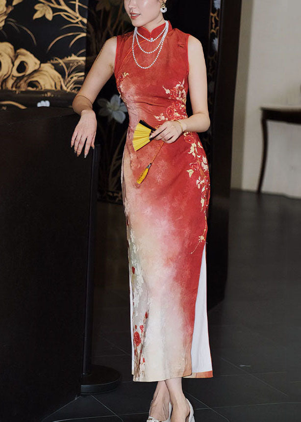 Slim Fit Red Stand Collar Print Side Open Silk Long Dresses Summer