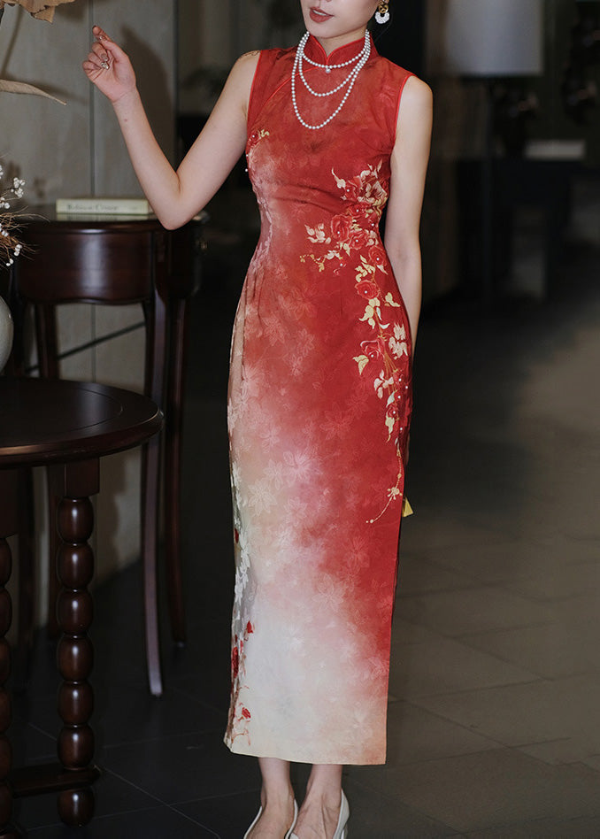 Slim Fit Red Stand Collar Print Side Open Silk Long Dresses Summer