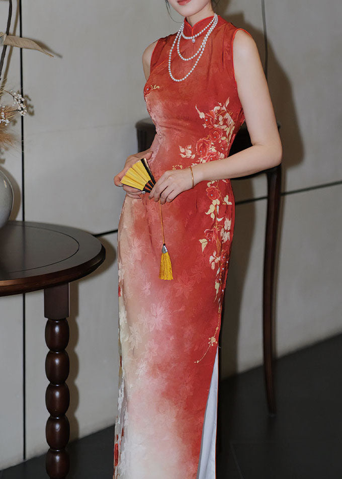 Slim Fit Red Stand Collar Print Side Open Silk Long Dresses Summer