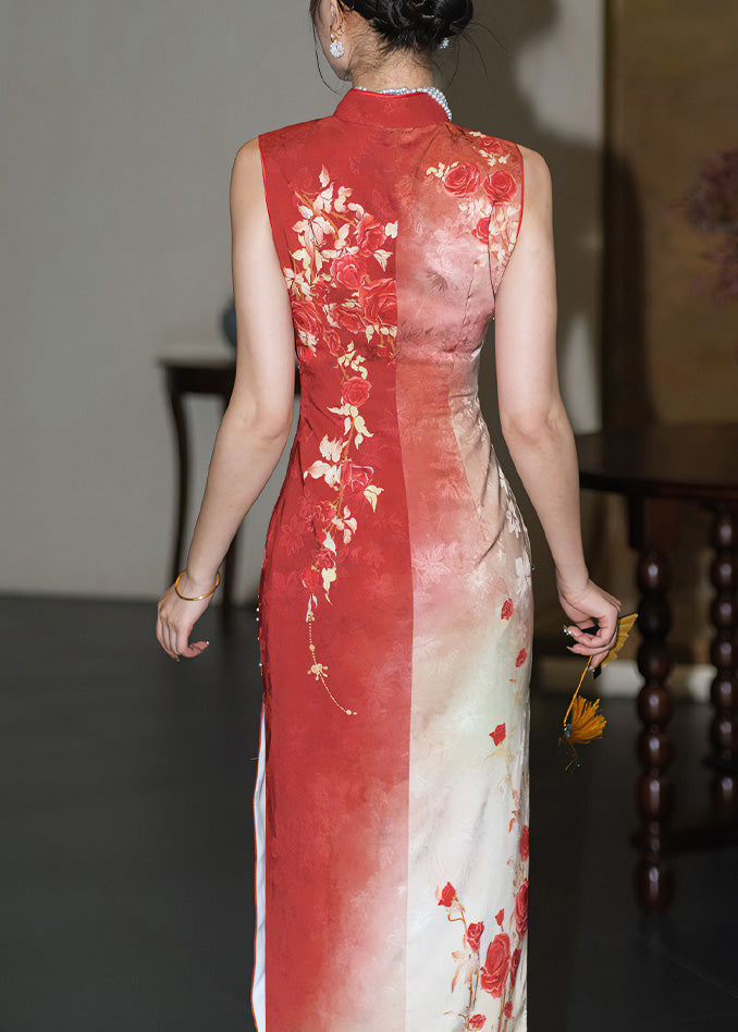 Slim Fit Red Stand Collar Print Side Open Silk Long Dresses Summer