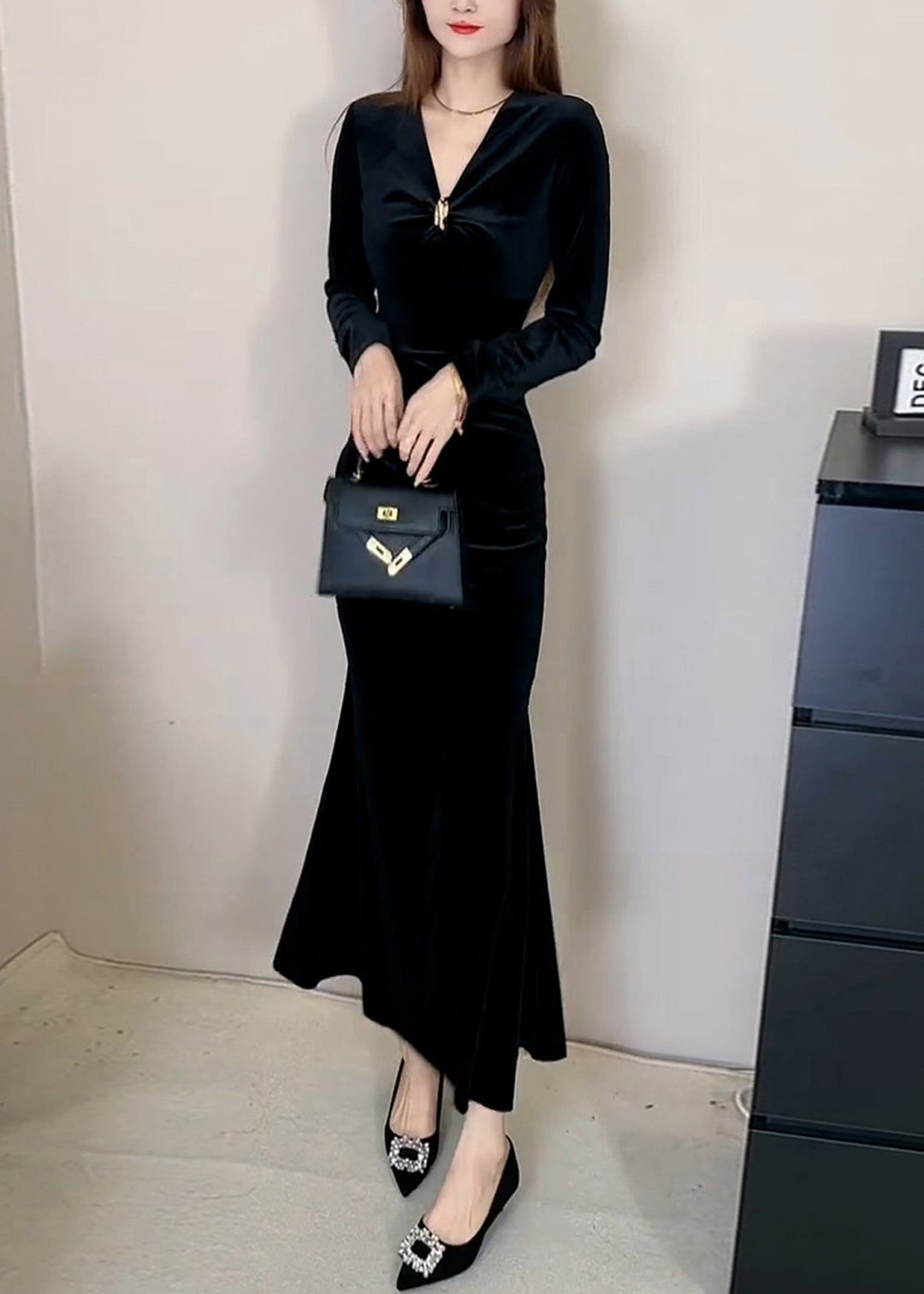 Slim Fit Red V Neck High Waist Silk Velvet Long Dress Winter