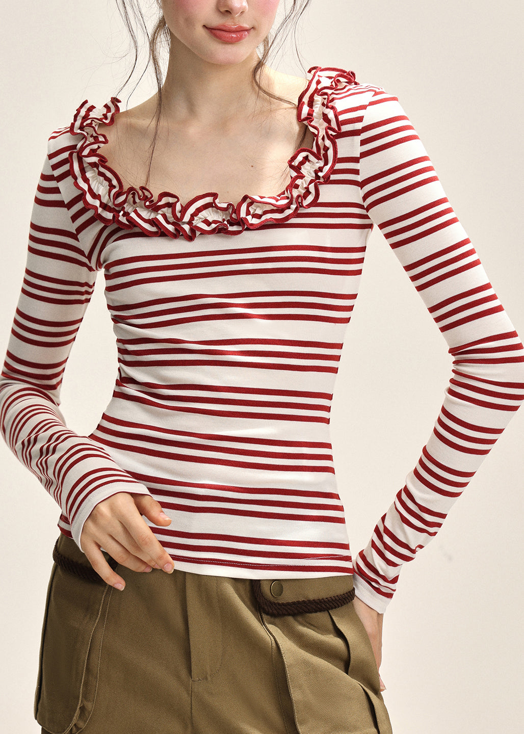 Slim Fit Red White Striped U Neck Top Fall